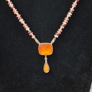 Silver Tone Bead Dangle Drop Pendant Necklace Pink Orange 17" Lobster Clasp Boho